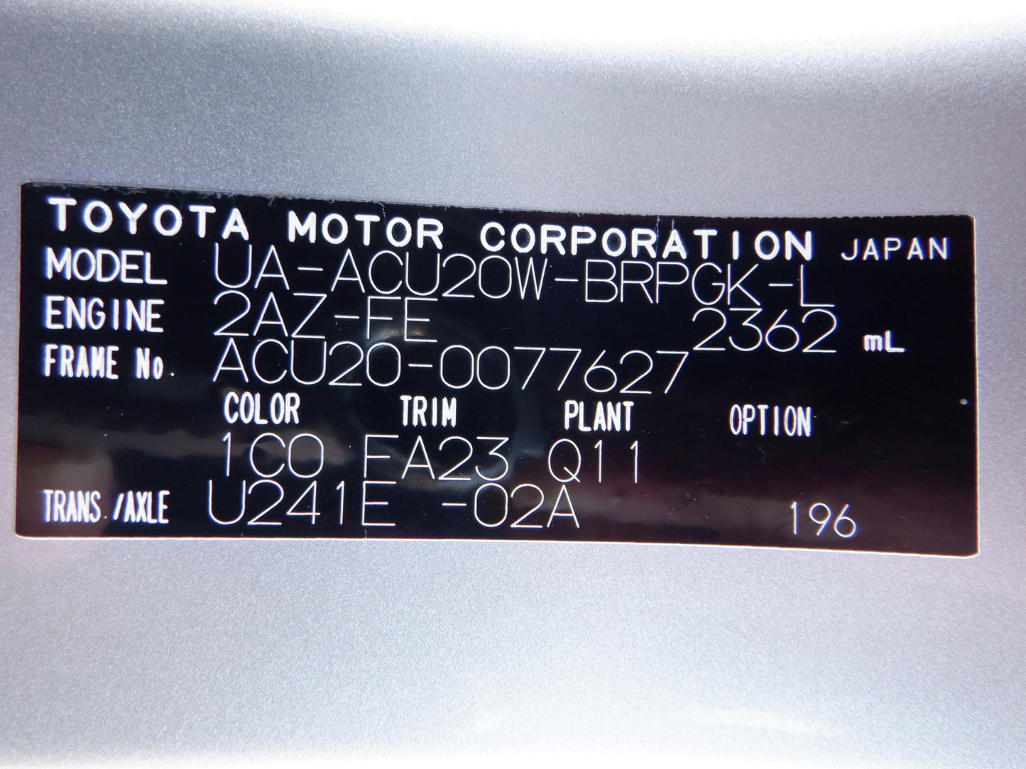 1041 TOYOTA KLUGER L 2.4S 2003 ACU20-0077627