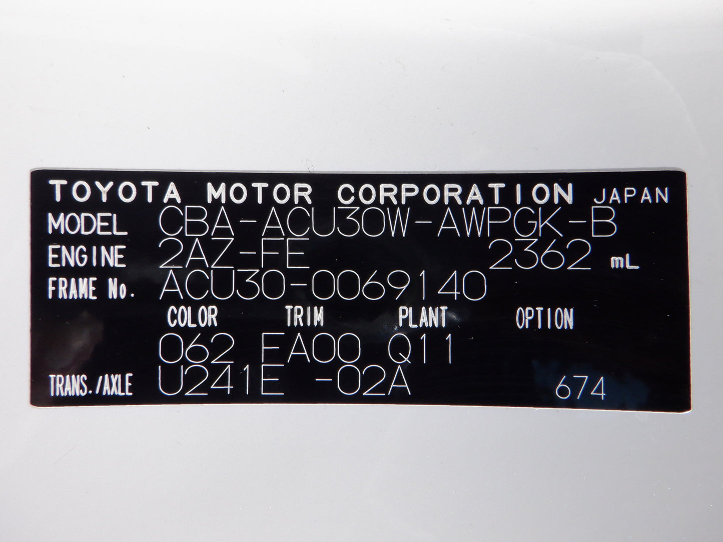 1062 TOYOTA HARRIER 240G PREMIUM L PACKAGE 2007 ACU30-0069140